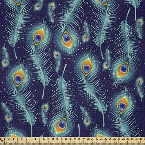 ABAKUHAUS Pfau Stoff als Meterware, Pfau-Vogel-Federn, Microfaser Stoff für Dekoratives Basteln, 1M (230x100cm), Marineblau Orange und Aqua