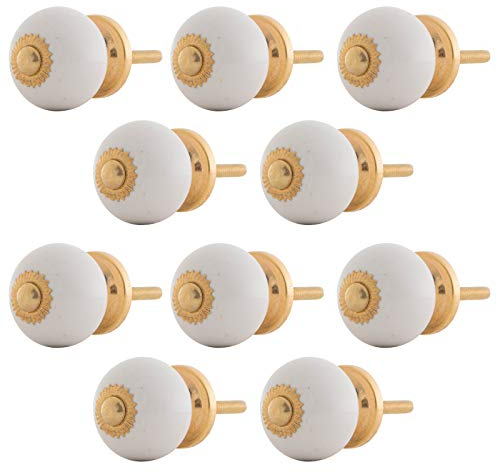 Knober Set 10 Stück Möbelknöpf klein Keramik Porzellan Vintage Landhausstil Shabby-Chic 31mm Knauf Türgriff (04. Weiß mit Gold)