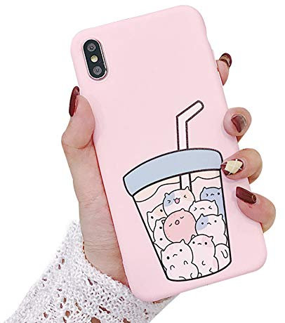 IPLUS Kreative Cartoon Hülle Kompatibel mit iPhone X/Xs, Super Cute Corgi Bubble Tee Drucken, Weiche Silikon Gummi Bumper Schutzhülle (Katze Pink, iPhone X/Xs)