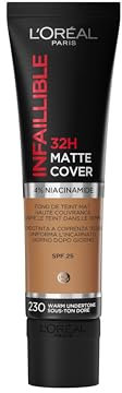 L'Oréal Paris - Fond de Teint Mat Haute Couvrance Waterproof - Longue Tenue - Léger & Matifiant - SPF 25 - Infaillible 32H Matte Cover - Teinte : 230 Sous-Ton Doré - 30 ml