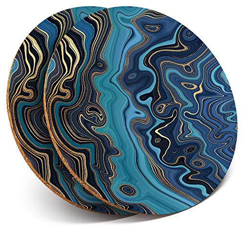 2 x Round Coasters - Blue Marble Ink Art Gold Art Deco - Cork Backed Home Kitchen Accessory Tea Coffee Mug Mat #21519