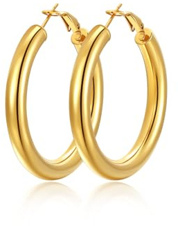 FindChic Creole Gold Hoop Earrings for Women, Round Wire Ear Loop 14K Gold Plated Stainless Steel Small Circle Earring Hoops 40mm Jewelry Gifts for Wife