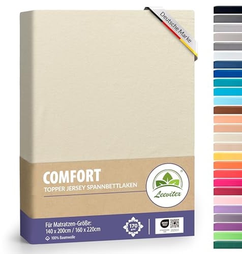 leevitex Premium Topper Boxspringbett Spannbettlaken | 100% Mako-Jersey-Baumwolle | ÖKO-TEX | 170g/m² | 140 x 200-160 x 220 | Creme/Naturweiß | 18 cm Steg …
