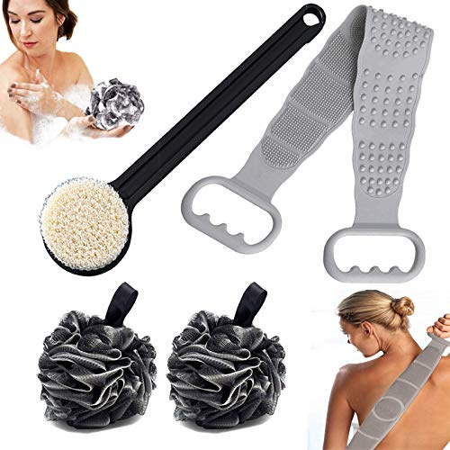 Silicone Bath Body Brush,Fadaar 1 Brosse de Bain Silicone +1 Brosse de Douche +2 Éponge Fleur de Bain Douche Éponge pour Hommes Femmes corps douche massage dos peau spa Noir & rouge