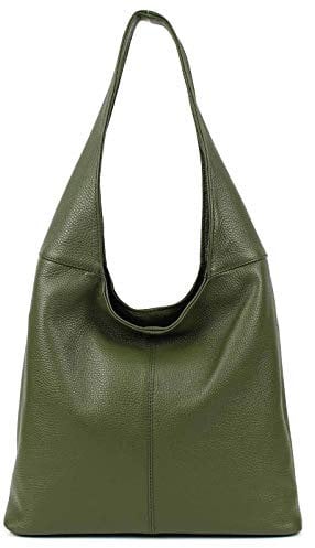 OBC Made in Italy Damen Leder Tasche Shopper Schultertasche Umhängetasche Handtasche Beuteltasche Hobo Bag Ledertasche Nappaleder (Olivgrün)