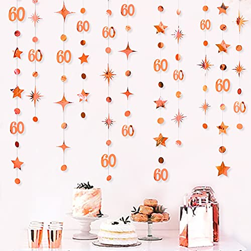 Rotgold 60. Geburtstag Dekorationen Zahl 60 Kreis Punkt Twinkle Stern Girlande Luftschlangen Wimpelkette Banner Hintergrund für 60 Jahre alt Happy Birthday 60th Anniversary Sixty Party Supplies