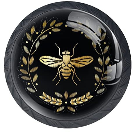 SpONda Round Drawer Knobs 4 Packs 30mm Pulls Handles Golden Flying Bee Prints Used for Bedroom Dresser Cabinet Cupboard Kitchen Door