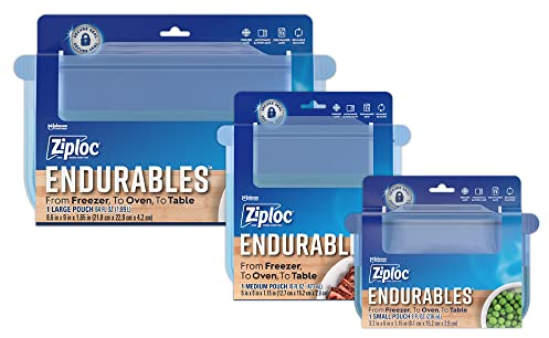 Ziploc Endurables Small, Medium, and Large Pouch, Reusable Silicone Bags and Food Storage Meal Prep Containers for Freezer, Oven, and Microwave, Dishwasher Safe