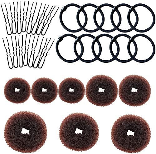 8pcs Donut de Pelo, VEGCOO Donut Moño De Pelo, Accesorios de Peinado Kit con 10 Gomas de Pelo Negras, 15 horquillas para Peinados Chignon (marrón)