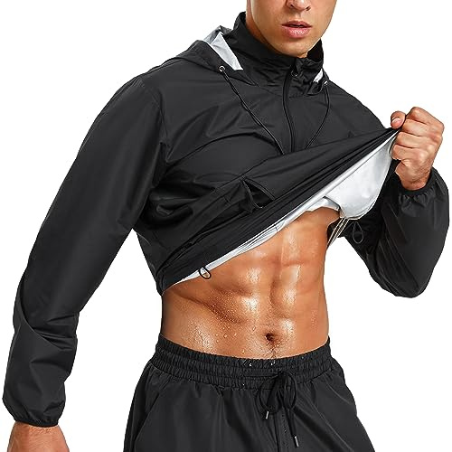 Junlan Giacca da sauna da uomo, con cerniera, con cappuccio, tuta da sauna per allenamento