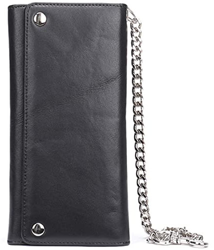 Karoukee Portefeuille Vintage à Longue 3 Volets Chaîne pour Homme en Cuir Grainé, Pince à Billets Antivol, Porte-Cartes de crédit Blocage RFID avec Fenêtre ID et Poche à Monnaie zippée