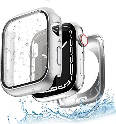 Yolovie (2 in 1 impermeabile compatibile con Apple Watch serie 9/8/7 41 mm, accessori per iWatch, in vetro temperato, per donne e uomini, 41 mm, argento
