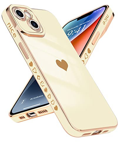 Wirvyuer Compatible with iPhone 14 Case Cute Nice Heart Design for Women Girls Luxury Gold Plating Soft TPU Bumper Cover Full Camera Protection Shockproof Bling Phone Case for iPhone 14, Beige