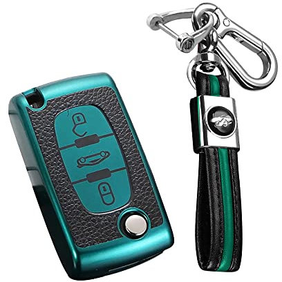 KUNIO Coque de clé Compatible avec Peugeot 207 307 407 308 607 2BT Convient pour Citroën C2 C3 C4 Berlingo TPU Cuir Texture clé de Voiture Housse Porte-clés clé Pliante 3 Boutons Vert