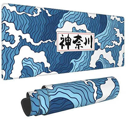 Japon Kanagawa Tapis de souris en forme de vague bleue et blanche - 30 x 80 cm - Base antidérapante en caoutchouc - Bords cousus - Grand tapis de souris pour ordinateur de bureau