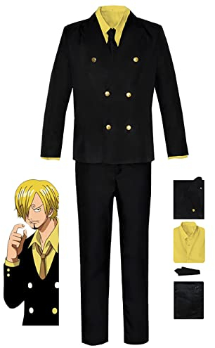 Anime Cosplay Kostüm ONE PIECE Vinsmoke Sanji Kostüm für Halloween Karneval Outfits Uniform Partykostüme- Einschließlich Kleidung + Hemd + Hose + Krawatte + Halskette (Schwarz, S)