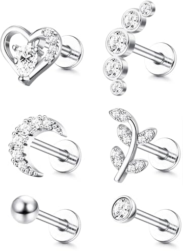 Diamday 6Pcs Knorpel Ohrringe Stud Internally Threaded CZ Mond Herz Blatt Helix Tragus Conch Labret Monroe Lip Piercing Schmuck