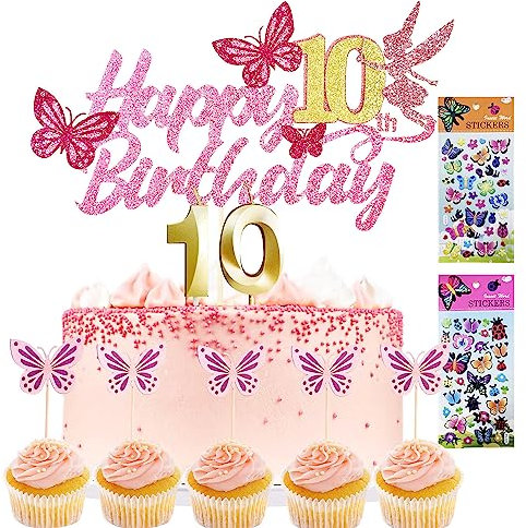 Tortendeko Mädchen Cake Topper 1. geburtstag 13 Stück Schmetterlinge deko +1 Geburtstagskerze+2 Sticker kinder Kuchen Deko Geburtstag deko mädchen Tortendeko Geburtstag, (10)