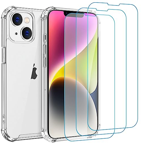 Whioltl Hülle für iPhone 14 mit 3 Stück Schutzfolie, 4 in 1 Durchsichtige Kratzfest Stoßfest Handyhülle, Rundumschutz Nicht Vergilbend Schutzhülle, Ultra Transparent Weiches Case Cover