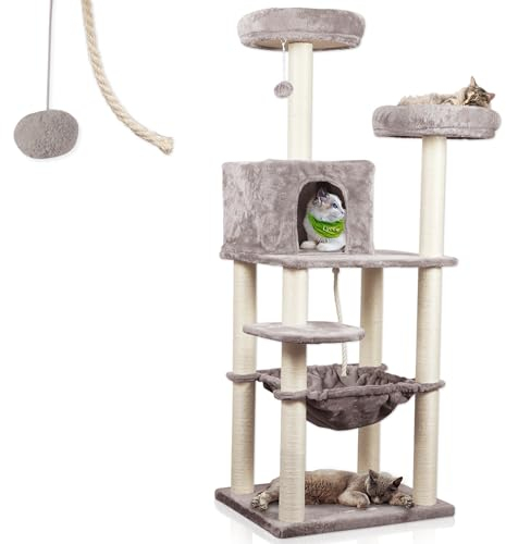 Lycce Kratzbaum groß Royal 145 cm hoch mehrstöckiger Katzenbaum inkl. 10 Kratzsäulen mit vollständiger Sisalumwicklung, Höhle, Hängematte, 4 Plattformen, Plüschball, grau, sehr stabil, platzsparend