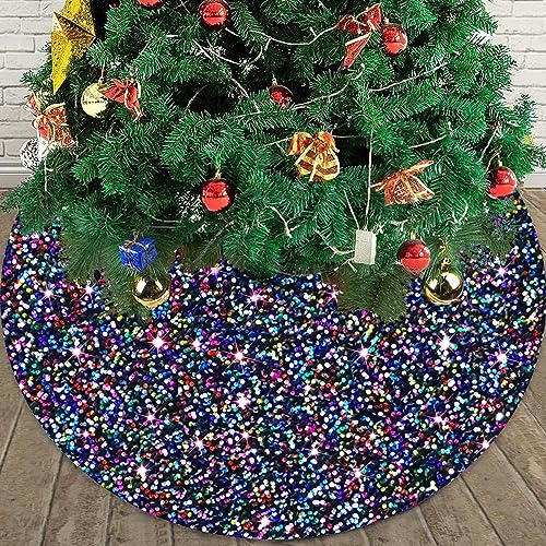 Sequin Christmas Tree Skirt Rainbow 36 Inch Velvet Tree Skirt Mats Xmas Glitter Tree Skirt Sequins Tree Skirts for Artificial Trees Iriscent Sparkle Tree Skirt for Christmas Party Tree Decorations