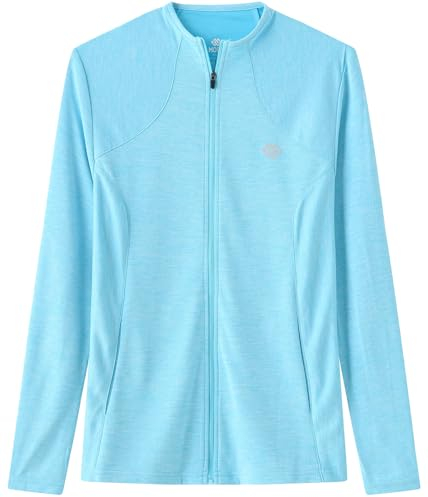 AjezMax Damen Laufjacke Leicht Sportjacke Langarm Stehkragen Slim Fahrradjacke Fitness Jacke Atmungsaktive Slim Trainingsjacke mit Tasche Himmelblau XXL