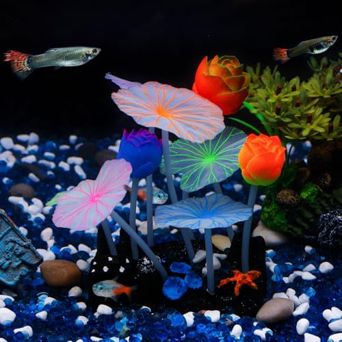 Pawfly Ornement Lotus à Effet Lumineux Décoration en Silicone Décoration d'Aquarium pour Aquarium avec Ventouse
