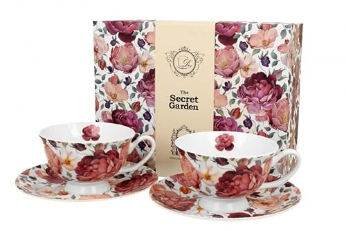 DUO FLORAL 2er-Set königliche Tassen 250 ml SPRING ROSES WHITE mit Untertassen, New Bone China Porzellan