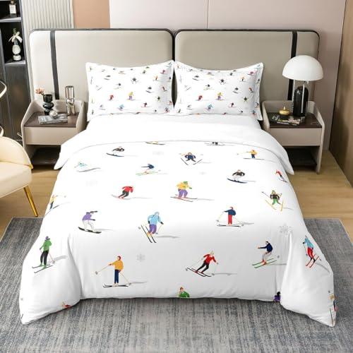 richhome Ski Skier 100% Baumwolle Bettbezug, Winter Schnee Extreme Sport Bettwäsche Set für Schlafzimmer, Sport Thema Outdoor Landschaft All Season Bettwäsche Reißverschluss Verschluss 135x200 Größe