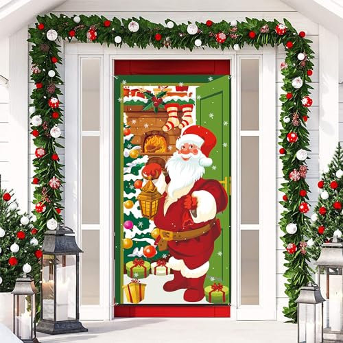 Couverture Porte Noël, 185 x 90cm, Decoration Porte d'Entrée Noel Décorations Banniere Porte Noel de Garage Plaque de Porte Suspendue Cadeaux de Fête pour le Festival à Domicile