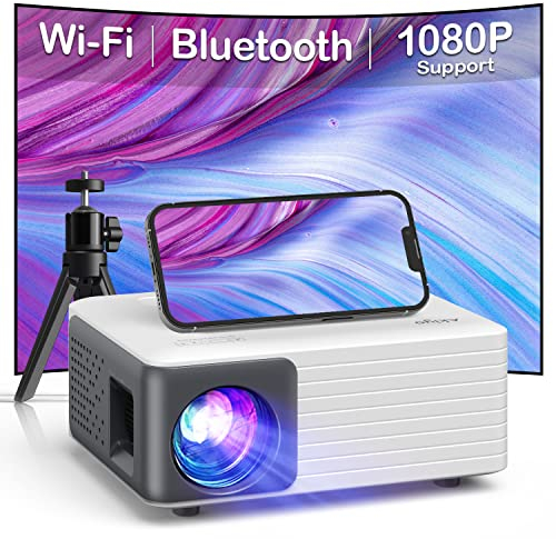 AKIYO Mini Projector, WiFi Bluetooth Projector Full HD 1080P Support, 15000L Portable Outdoor Home Cinema Movie Projector, Compatible with Smartphone/HDMI/Fire Stick/USB/Tablet/PC/PS5(Tripod included)