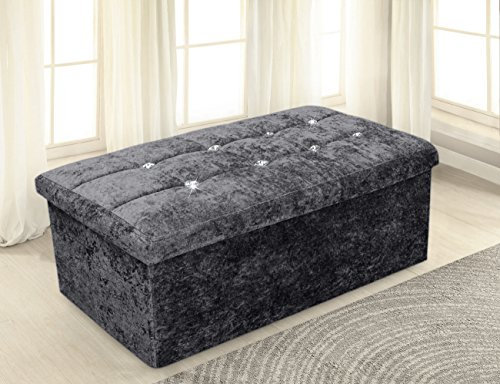 Home Republic Storage Ottoman, Padded Foldable Bench, Chest with Lid, Perfect for Bedroom, Hallway, Living Room (Crushed Velvet Charocal, 76x38cms)