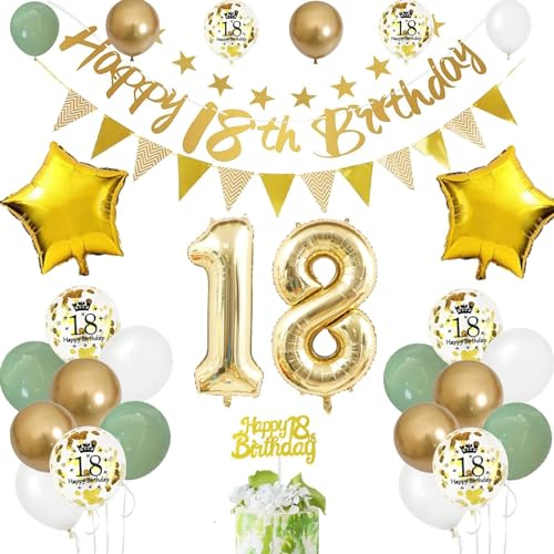 18. Geburtstag Deko Salbeigrüne - Luftballon für Junge Mädchen, Ballon Zahl 18, Tortendeko - Geburtstagsdeko für 18 Jahre