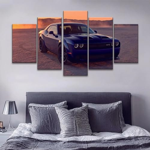 ZYCHKRL Leinwand Bilder 5 Teilig Dodg Challenger SRT Hellcat Luxus-Sportwagen Wandbilder Wohnzimmer Modern Bilder, Poster, Kunstdrucke Büro Flur Bad Küchebilder -Ungerahmt