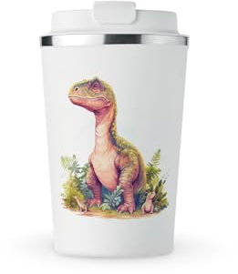 MAXIKIWI - Insulated Double Walled, Leakproof Stainless Steel Mug, Coffee or Tea Travel Tumbler with Lid, Keep Drinks Hot and Cold - Father and Baby Dinosaur - 350ml