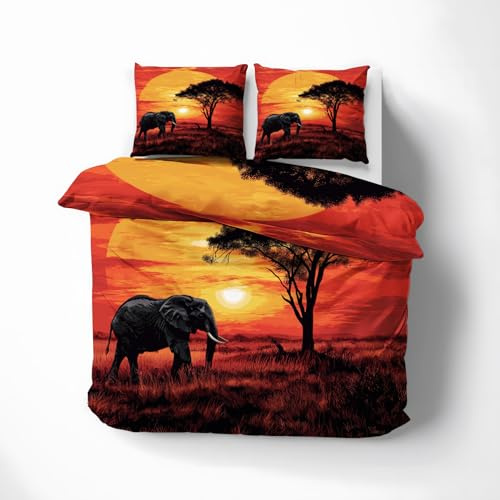 MOBEITI Afrika Bettwäsche 200x200, Sonnenuntergang Elefant Wendebettwäsche, Weiche Kuschelige Mikrofaser Bettbezug Set 3teilig, 2 Kissenbezug 80x80, mit Reißverschluss -MO&149