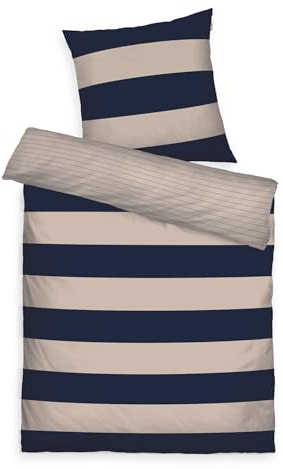 TOM TAILOR Renforcé-Bettwäsche, 70x90 cm + 140x200 cm, 100% Baumwolle/Renforcé, mit Wendemotiv und farbigem Markenreißverschluss, BOLD STRIPES Blau, Beige (Dark Navy, Sunny Sand)