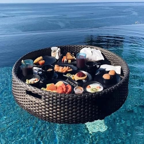 GWWBD Floating Pool Tray, Oval, Schwarz, Rattan & PE, Modern, Pulverbeschichtet, Schwimmendes Frhstckstablett, Pool Party, Wetterfest, 80x20cm