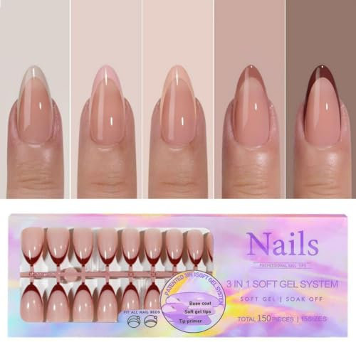 Soft Gel Gel Nail Tips - 150 PCS 15 Sizes French Tip Press on Nails, Almond Medium Soft Gel Nail Tips Kit, Press on False Nails, Nail Art French Tips for DIY Nail Manicure