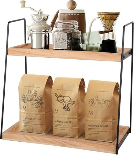 Aolawco 2 Tier Coffee Station Organizer for Countertop, Coffee Bar Accessories and Organizer, Coffe Condiment Storage, Wooden Counter Shelf Organize for Kitchen, Bathroom, Office (Patented Design)