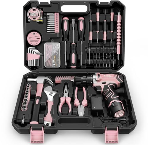 Perceuse à Percussion Sans fil 12V - Sundpey Malette Outils 206 Pièces, avec Jeu de Tournevis et Pinces, Caisse a Outil Complete avec Perceuse pour Jardin, Bureau, Réparation à Domicile Rose