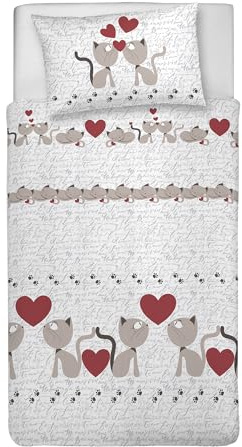 PENSIERI DELICATI Bettwäsche-Set für Einzelbett, 100% Baumwolle, komplett mit Bettbezug 155 x 200 cm und 1 Kissenbezug 52 x 82 cm, hergestellt in Italien, maschinenwaschbar bei 40 °C, Motiv: Kätzchen