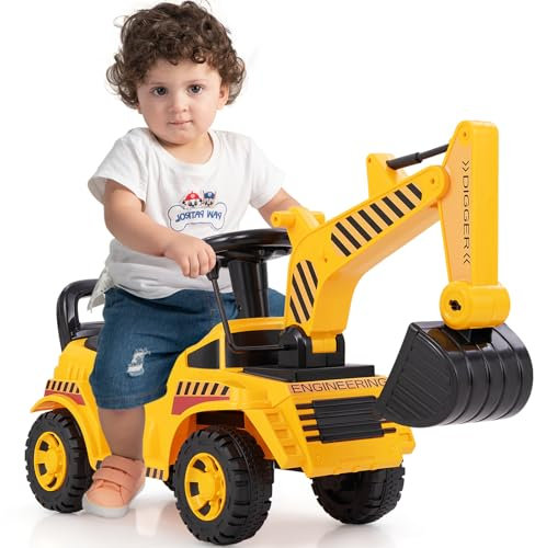 GOPLUS Bagger zum draufsitzen, Kinder Sitzbagger mit Verstellbarer Schaufel, Lenkrad & Motorsound, Stauraum unter dem Sitz, Kippschutz, Aufsitzbagger für Kinder 19-36 Monate