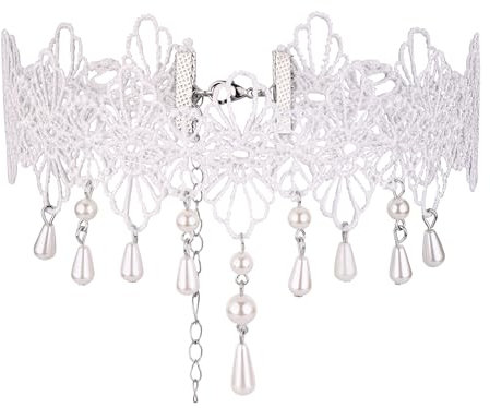 Gothic Spitze Choker für Mädchen Damen,Weiß Lolita Spitze Halsband mit Perlen dangle, Vintage Halskette Spitzenhalsband Perlenhalsband für Karnevalsverkleidung (Weiß B)