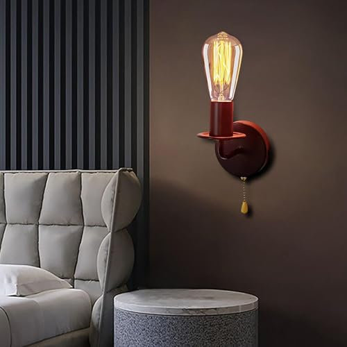 GZZBMY E27 Black Metal Vintage Wall Lamp Light with Pull Cord Switch Iron Wall Sconce Industrial Light Fixture Retro Wall Wash Lights for Restaurant Living Room Bedroom Office Indoor Lamp (1 Pack)