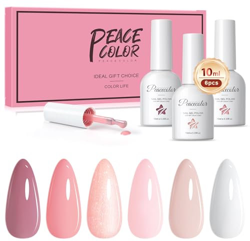 PEACECOLOR Smalto Semipermanente Unghie, 6 Colori Bianco Nudo Rosa Gel per Unghie Semipermanente UV/LED Smalto per Unghie fai da te Gel per salone unghie casa 10ML