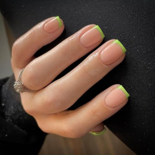KQueenest 30 Pcs Light Green French Tip Press on Nails Short Square, French Tip False Nails Short Coffin, Custom Thick Acrylic Fake Nails Set Natural Nude Gel Stick on Nail for Women Daily Wear