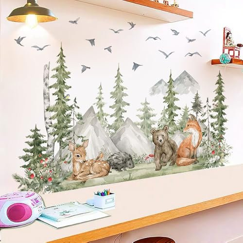 CharmFlo 4 Sheet of 36x12 inch Mountain Forest Wall Decal Woodland Bear Fox Deer Peel and Stick Wallpaper for Kids Boys Bedroom Nursery Playroom Large DIY Watercolor Animal Tree Mural Wall Art Decor