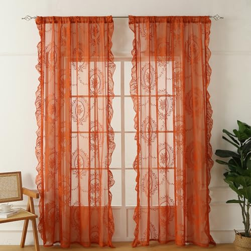 Spitze Vorhang Landhausstil Vintage Barock Rose Transparent Spitzegardinen | Orange Gardinen Durchsichtig Spitzenvorhang Fenstervorhang für Schlafzimmer Wohnzimmer 2 Stück 140x260