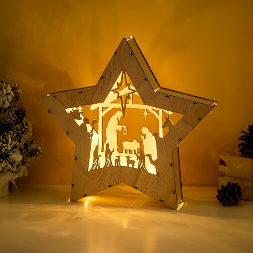 Nuptio Presepe Natale in Legno con Illuminazione: con Timer 30 cm Decorazioni Natalizie Stella LED Presepe Natalizio Interno Davanzale della Finestra Moderno Piccolo Presepi Figurine del Presepe